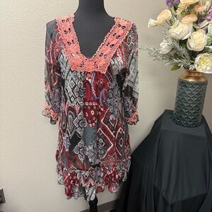 Urban Mango Red Black Boho Tunic L | Crochet Trim Print Dressy Fall Blouse